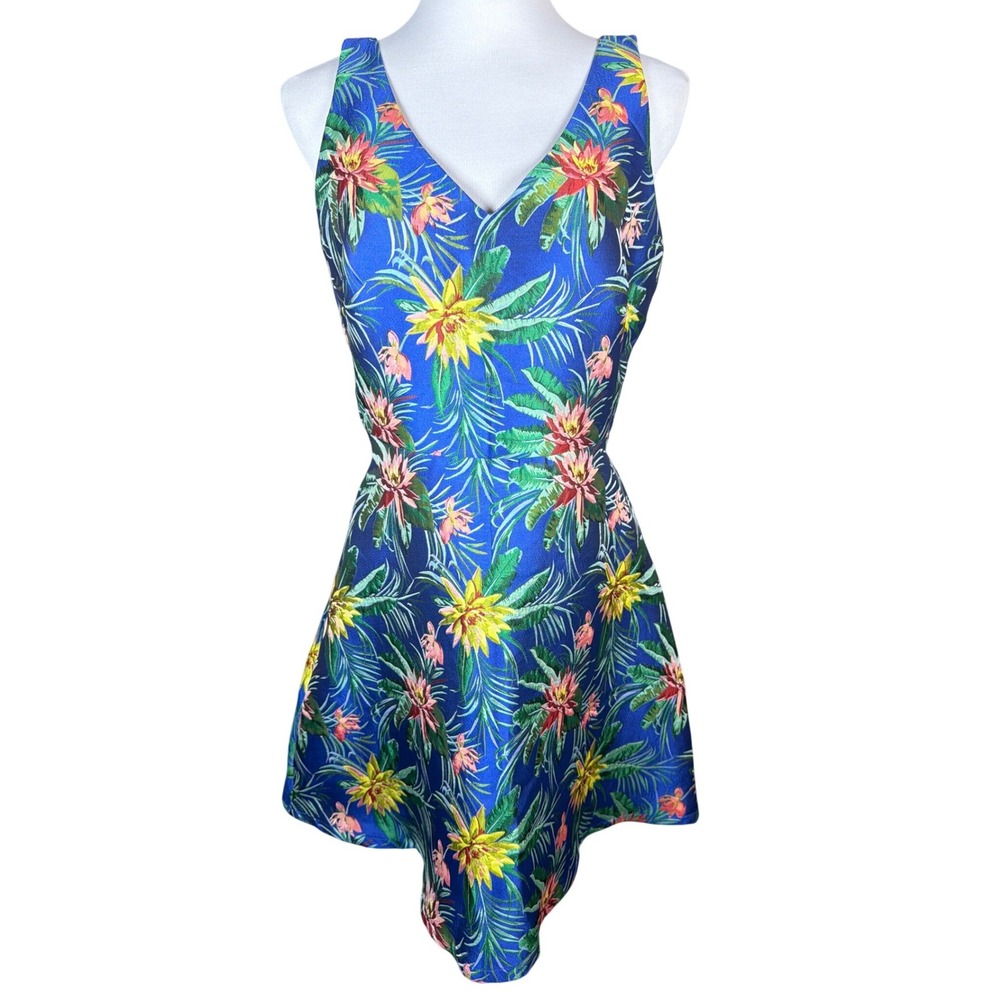 CeCe Blue Tropical Floral‎ Jacquard V-Neck Fit & Flare Mini Dress Womens 10